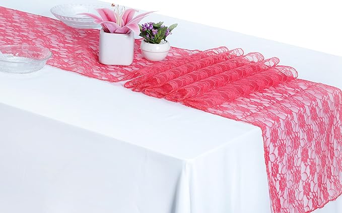 MDS Pack of 15 Wedding 12 x 108 inches Lace Table Runner for Wedding, Decorations for Birthday Parties, Banquets, Graduations, Engagements, and Runners fit Rectangle, Round Table- Coral