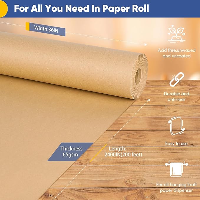 Vanhench 36"x 2400" (200') Large Brown Wrapping Easel Paper Roll, Bulletin Board Paper, Art Packing Moving Shipping Poster Supplies, Floor Covering Crafting Drawing Table Runner 70GSM 55LB