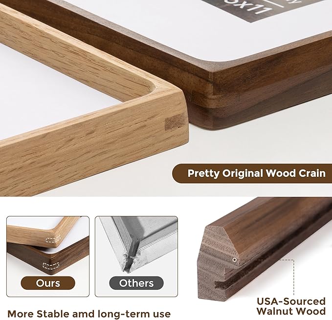 12x16 Frame USA-Sourced Natural Walnut Wood Solid Wood Photo Frame Handcrafted Rounded Corner with Mat to 8.5x11 Picture Frame Display with Real Glass Family Picture, Wedding Photo, Certificate