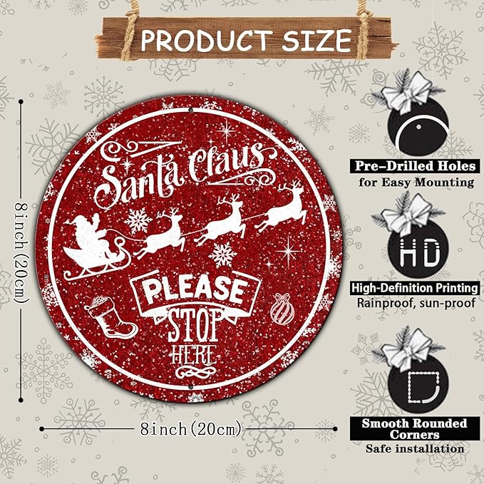 Round Metal Tin Sign - Santa Sleigh Reindeer Vintage Sign - Santa Claus Please Stop Here Sign for Christmas Living Room Bedroom Coffee Bar - 8 * 8 in