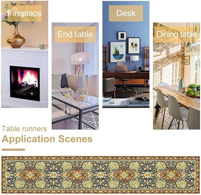 Vintage Boho Floral Table Runner, Elegant Luxurious Rustic Country Farmhouse Navy Blue Gold Retro Flower Pattern for Home Kitchen Table Decor Dining Coffee Room Party Decor 13x90in