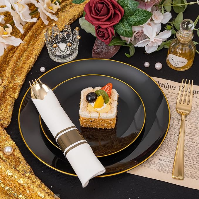 KIRE 175Pcs Black Plates Disposable - Heavy Duty Black and Gold Plastic Plates- 25 for Dinner 25 for Dessert 25 Pre Rolled Gold Silverware and 25 Cups for Birthday Party/Halloween/New Year