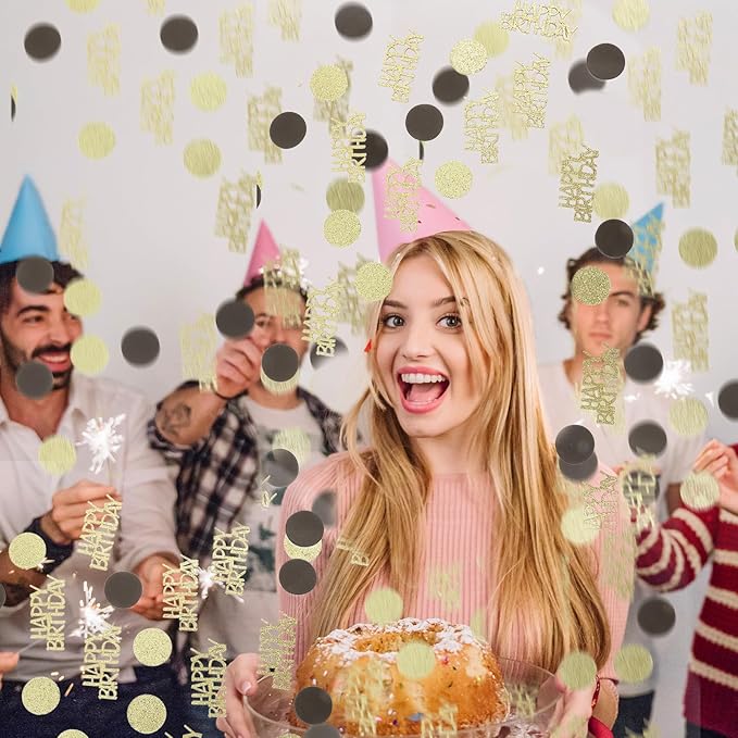 200Pcs Happy Birthday Confetti, Gold Black Birthday Confetti for Table, Metallic Foil Balloon Confettis Scatter Decoration for Party DIY Art Craft