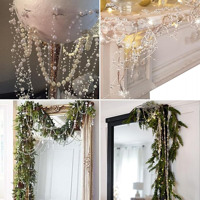 98FT Pearl Beads String Garland, 8mm 3mm Iridescent Faux Pearl Beads Roll Strand Bulk for Wedding Party Flower Christmas Decoration DIY Craft