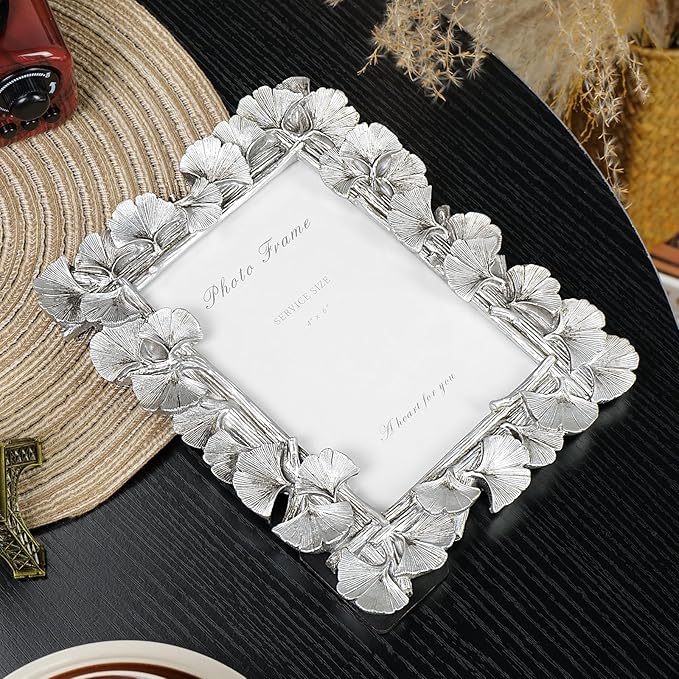 Cuspin 4x6 Silver Picture Frame, Vintage Silver Ornate Leaf Textured Hand-Crafted Resin with Glass Front Antique Photo Frame for Tabletop Display, Retro Design Home Decor