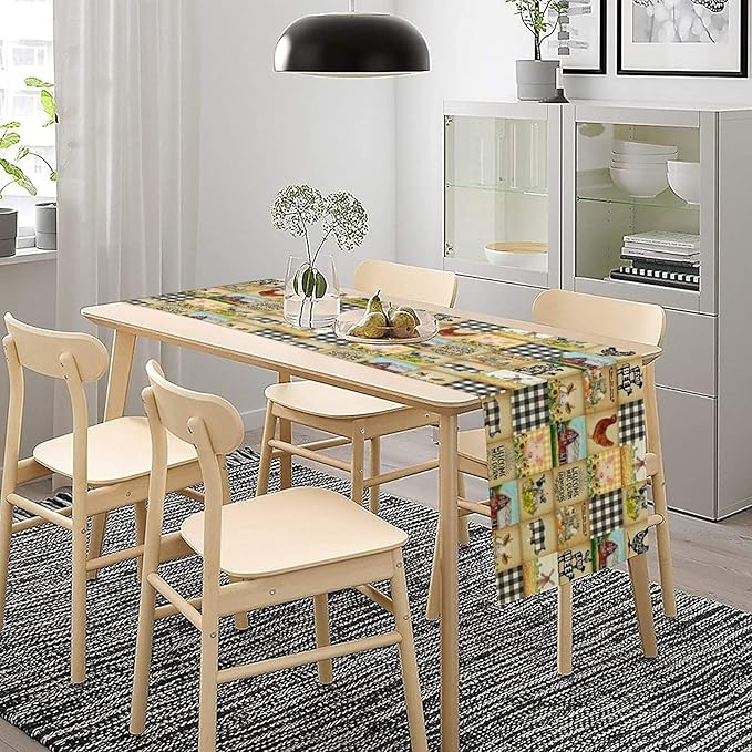 Farmhouse Animals Table Runner,Rustic Cabin Pig Chicken Cow Sunflowers Geometric Grids Burlap for Hotel Indoors Outdoor Dining Room Kitchen Holiday Party, 13x70in