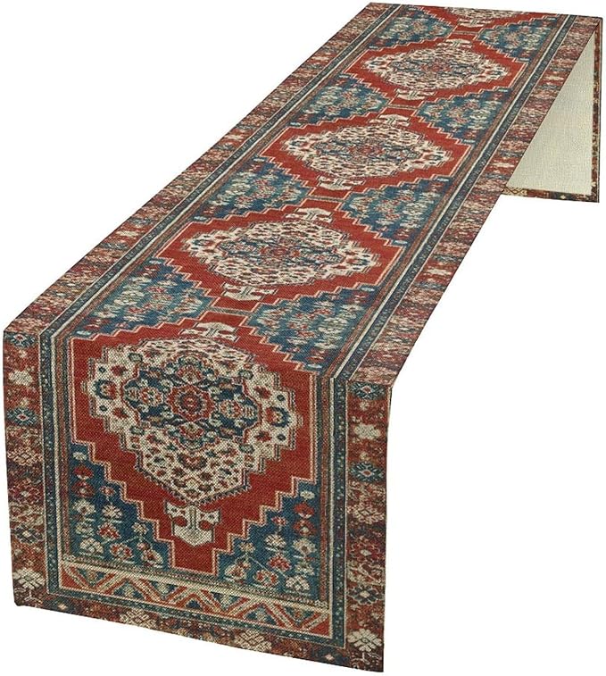 Boho Floral Vintage Table Runner, Red Blue Retro Flower Rustic Country Farmhouse Pattern for Home Kitchen Table Decor Dining Coffee Room Party Decor 13x108in