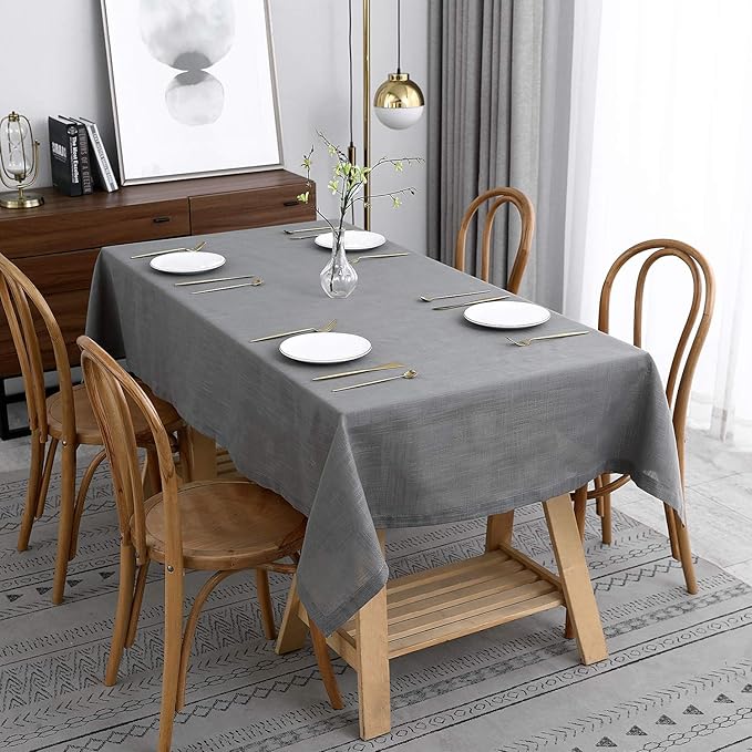 maxmill Lux Faux Linen Table Cloth with Slubby Texture Wrinkle Resistant Anti-Shrink Soft Tablecloth for Kitchen Dining Tabletop for Banquet Parties Rectangle 60 x 140 Inch Neutral Grey