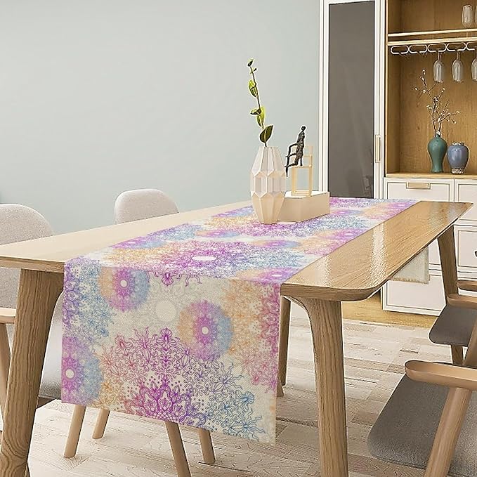 Oriental Mandala Table Runner, Traditional Bohemian Gradiently Purple Pink Blue Mandala Flower Table Runner for Farmhouse Cottage Kitchen Dining Table Decor, 13x60inch