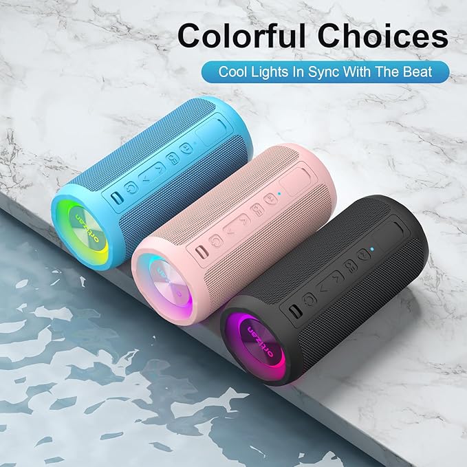 Ortizan Wireless Portable Bluetooth Speaker, IPX7 Waterproof, Dustproof and Rustproof, Powerful 24W Sound, Enhanced Bass, 30-Hour Battery, 360° Party Light, and Stereo Pairing (BT 5.3), Gifts - Blue