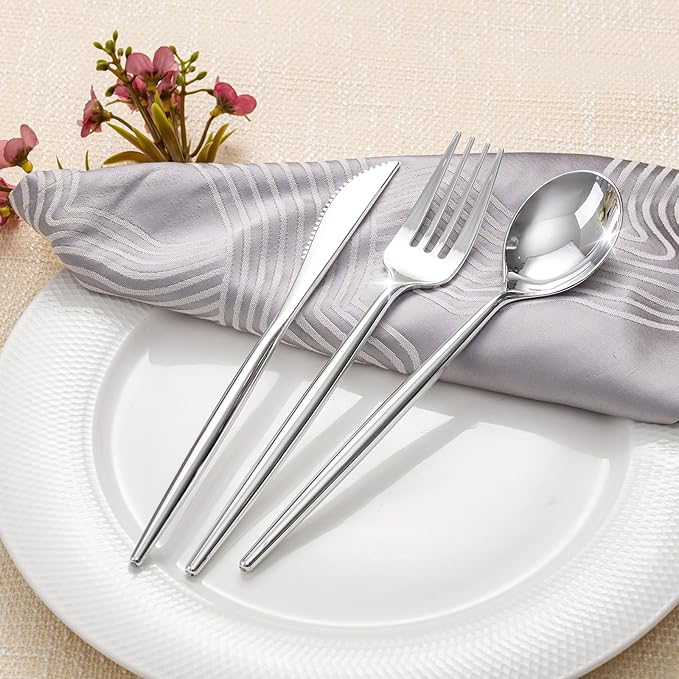Rubtlamp 90Pcs Silver Plastic Silverware, Silver Plastic Utensils, Plastic Cutlery Include 30 Knives, 30 Forks and 30 Spoons, Silverware Heavy Duty For Party, Wedding