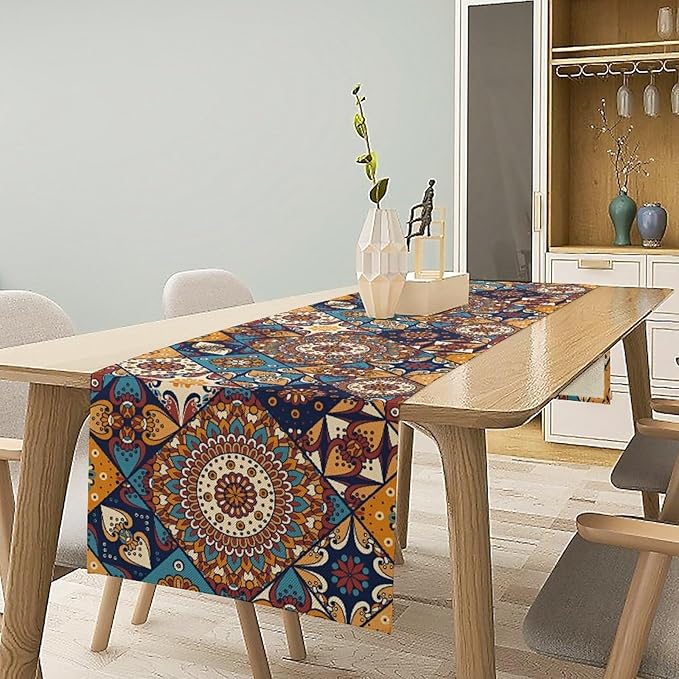 Vintage Mandala Table Runner, Bohemian Brown Blue Tile Traditional Indian Flowers Table Runner for Kitchen Dining Table Office Wedding Party Holiday Home Decor, 13x36inch