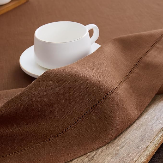 Solino Home Linen Brown Table Runner 90 Inches Long - 100% Pure Linen Hemstitch 14 x 90 Inch Table Runner for Dining, Fall, Autumn, Thanksgiving - Classic Hemstitch