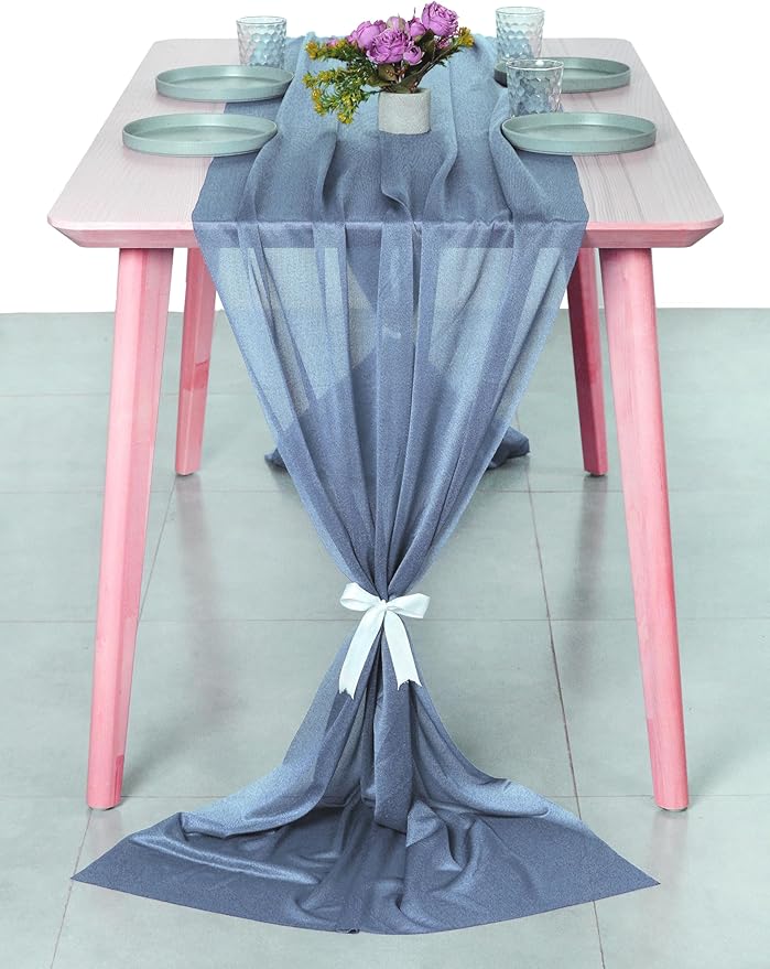 MDS 2 Pack 10ft Chiffon Table Runner 29 x 120 Inches Sheer Wedding Runner Romantic Rustic Table Runner for Wedding Decorations, Birthday Parties, Bridal Shower Party Arch Decor - Dusty Blue