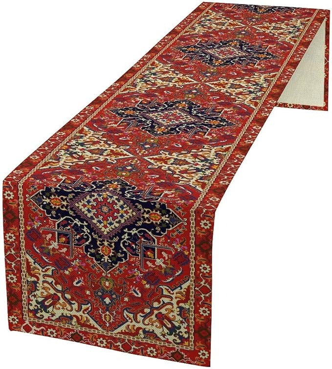 Boho Old French Table Runner, Vintage Red Beige Retro Flower Rustic Country Style Floral Print Pattern for Home Kitchen Table Decor Dining Coffee Room Garden Party Decor 13x72in