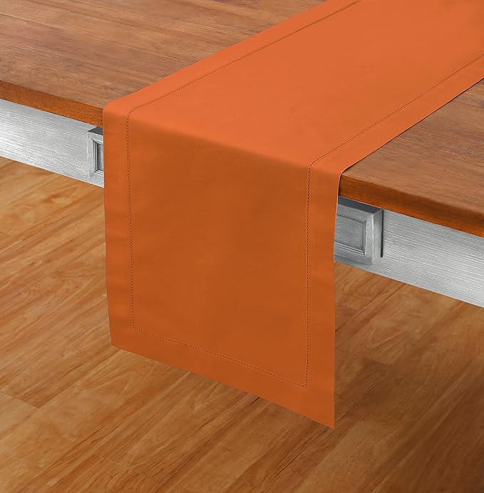 Solino Home Cotton Linen Pumpkin Table Runner 90 Inches Long - Hemstitch 14 x 90 Inch Table Runner for Fall, Autumn, Halloween, Thanksgiving, Holiday - Handcrafted and Machine Washable