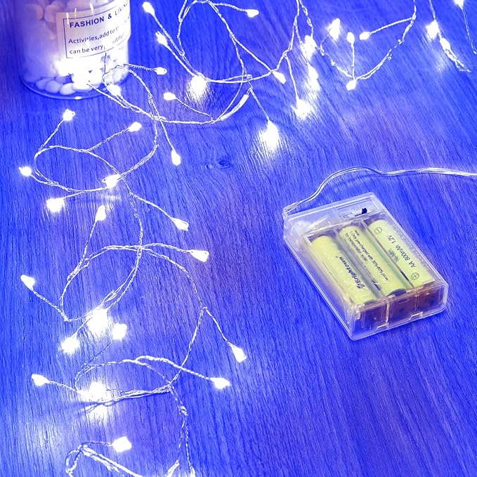 Fairy Lights Battery Operated, Twinkle String Lights Waterproof Silver Wire 5 Feet 60 Led Firecracker Starry Lights for DIY Wreath Home Wedding Party Bedroom Mason Jar Holiday Christmas, Blue