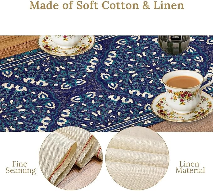 Boho Floral Vintage Table Runner, Retro Morris Abstract Blue Flower Rustic Country Farmhouse Pattern for Home Kitchen Table Decor Dining Coffee Room Wedding Party Decor 13x108in