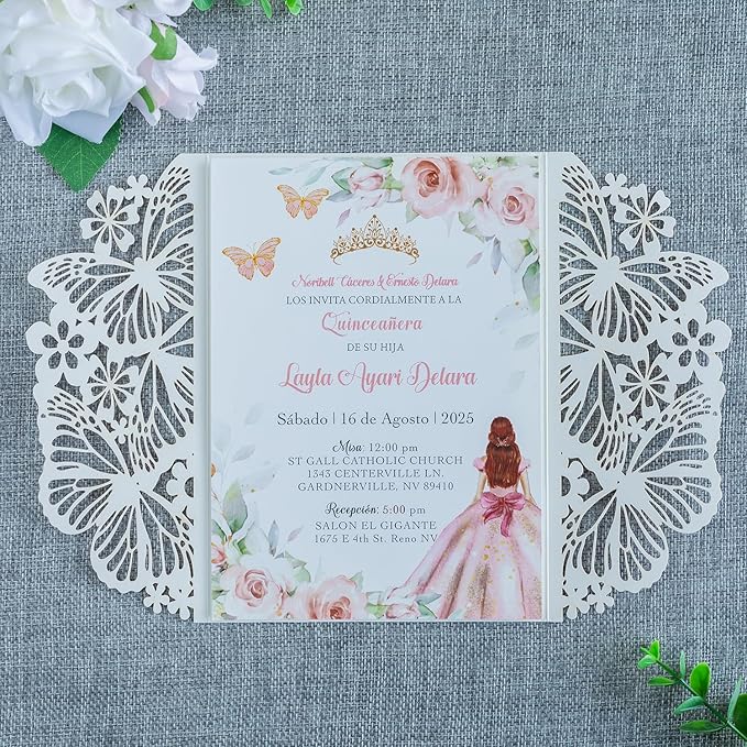 20 PCS 5.12x7.2 Butterfly Quinceanera Invitation, Laser Cut Wedding Invitation Cards with Envelopes for XV Anos Bridal Shower Baby Shower Invite (Rose Gold Glitter)
