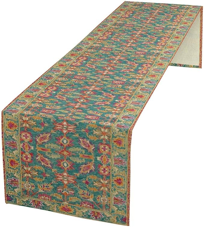 Vintage Boho Floral Table Runner, Rustic Country Farmhouse Teal Red Purple Flower Pattern for Home Kitchen Table Decor Dining Coffee Room Party Decor 13x120in