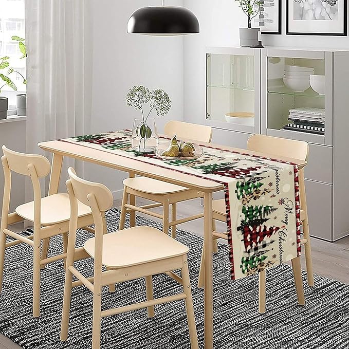 Christmas Tree Table Runner,Farmhouse Xmas Trees Buffalo Plaid Winter Snowflake Tablecloth Burlap for Hotel Indoors Outdoor Dining Room Kitchen Home Decor,W13X L80 in