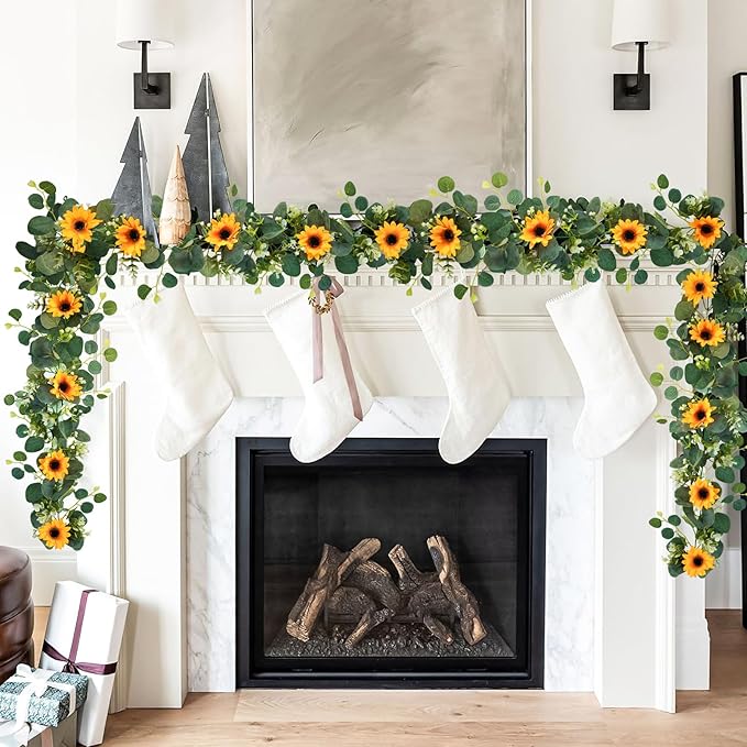 Uieke 2 Pack Artificial Sunflower Garland, 6ft/Strand Silk Sunflowers Hanging Vines Flowers Garland with Green Leaves for Room Kitchen Garden Birthday Wedding Baby Shower Party Table Decor