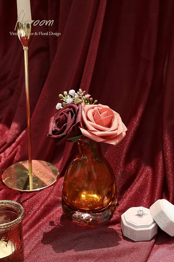 Floroom Artificial Flowers 50pcs Real Looking Burgundy & Pinky Cedar Foam Fake Roses with Stems for DIY Wedding Bouquets Bridal Shower Centerpieces Floral Arrangements Party Tables Home Decorations