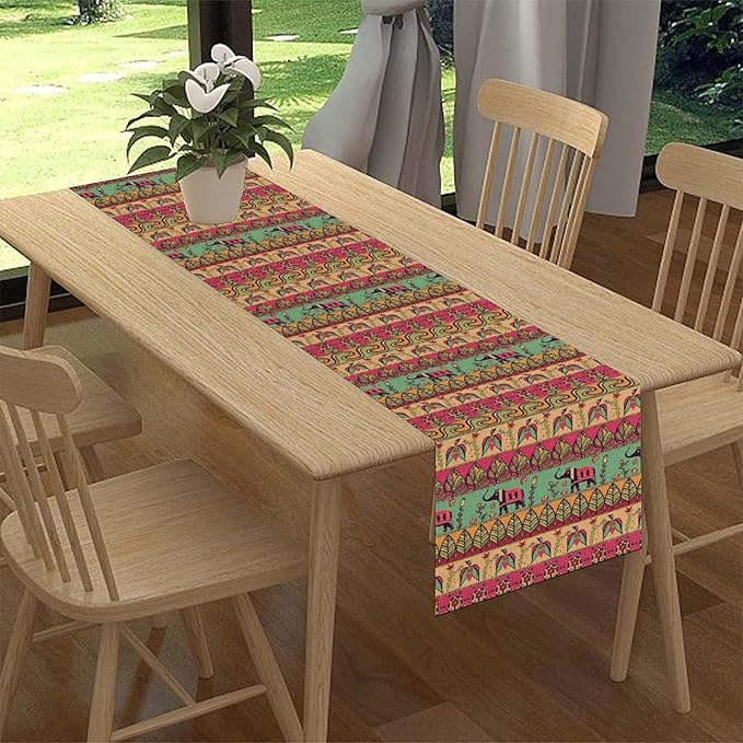 Boho Table Runner, Indian Bohemian Elephant Mandala Paisley Floral Hippie Art Print Table Center Decor for Home Kitchen Dining Patio Holiday Party Indoor Outdoor Table Decorations, 13"x72" Inch