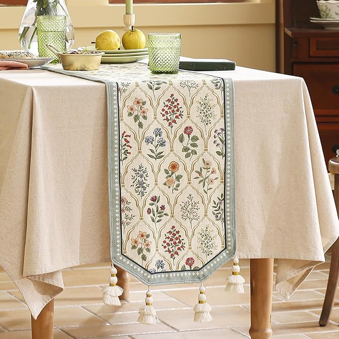 ISAENNE Designer Vintage Elegant Linen Table Runner 71 Inches Long,Colorful Wildflower Pattern Runner,Decor Table Runners for Dining Tables,Thanksgiving,Christmas,Banquet,12"*71"-Serenity B