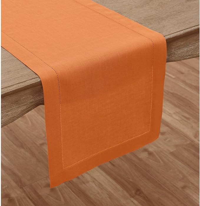 Solino Home Linen Pumpkin Table Runner 144 Inches Long - 100% Pure Linen Extra Long Table Runner 14 x 144 Inch - Classic Hemstitch - Fall, Autumn, Halloween, Thanksgiving, Holiday
