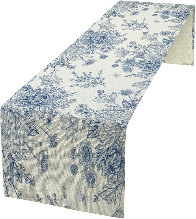 Chinoiserie Flower Table Runner, Seasonal Spring Fall Plants Blue Florals Dinner Runner for Home Kitchen Dining Table Party Holiday Decoration 13"x108"