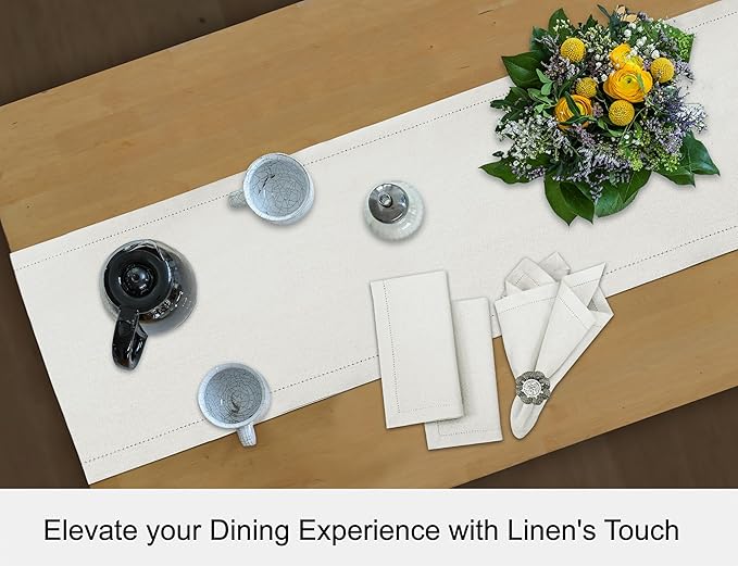 Ruvanti Linen Table Runner 90 Inches, Classic Hemstitch, Washable, Reusable, Non-Slipping, Stain Resistant- Perfect for Parties, Weddings, Dinners, Thanksgiving, Christmas, Indoor use – Ivory