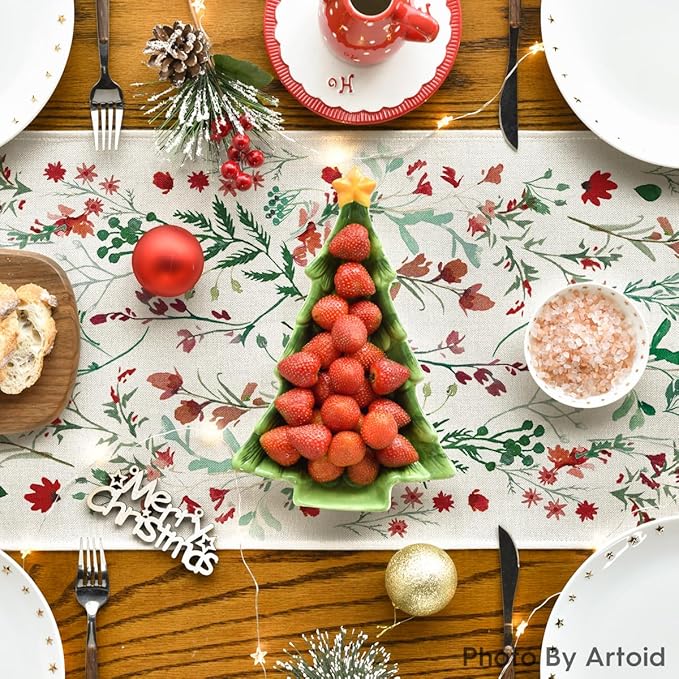 Artoid Mode Floral Leaves Christmas Table Runner, Wild Flowers and Grasses Winter Kitchen Dining Table Decoration for Home Party Decor 13x120 Inch