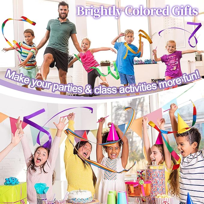 PAMASE Dance Ribbons - 16 Packs Ribbon Wands with Non-Slip Handles for Girls Gift, 6.6ft Rhythmic Gymnastics Dancing Rainbow Twirler Sticks Streamers Dance Flags