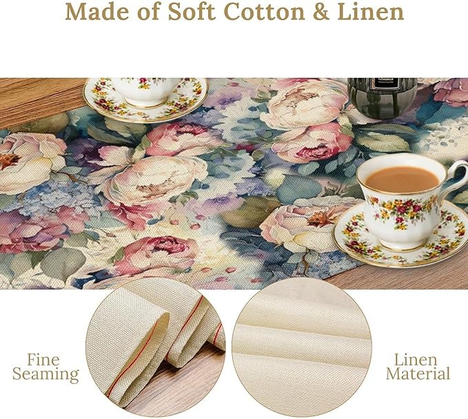 Vintage Floral Table Runner,Girls Women Rose Romantic Leaf Botanical Watercolor Pattern Print Burlap for Hotel Indoors Outdoor Dining Room Kitchen Holiday Party, 13x60in