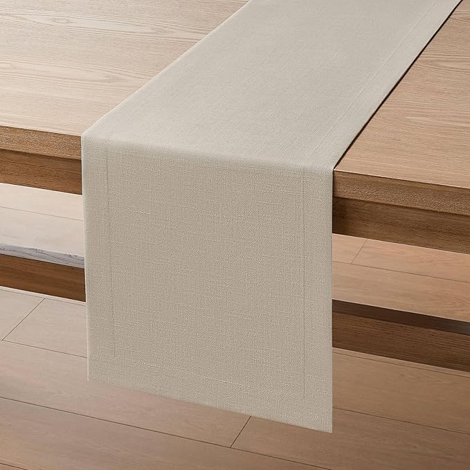 ZeeMart Linen Textured Border Table Runner, 14 x 60 Inch Natural, Farmhouse Style Neutral Table Runners 60 Inches Long, Easy Care Everyday Polyester Table Runner
