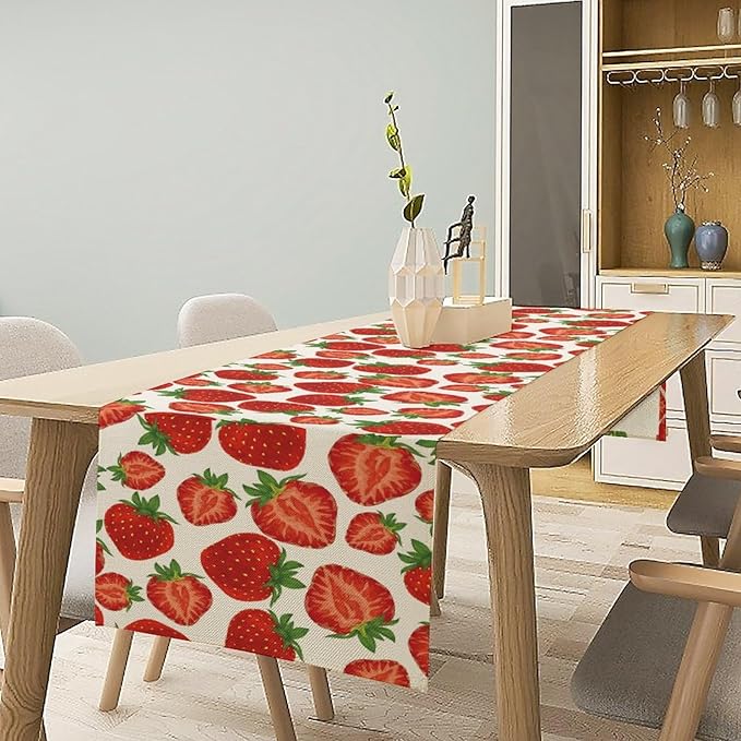 Strawberry Table Runner,Spring Summer Fruit Print Table Runner for Kitchen Dining Table Home Party Decoration 13x90 Inch