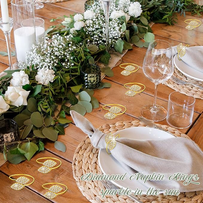 Hotop 100 Pcs Napkin Rings Gold Table Decorations, Elegant Bling Leaves Napkin Rings, Rhinestone Guest Towels Buckle for Wedding Gold Party, Thanksgiving Christmas Dinner Banquet Table Decoration