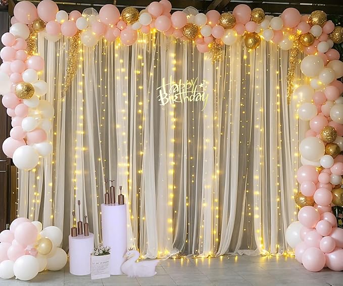 Champagne Tulle Photo Backdrop Curtain with Lights String for Parties Wedding Bridal Shower Sheer Champagne Curtain Backdrop for Birthday Baby Shower Photo Booth Photography 20ft x 8ft