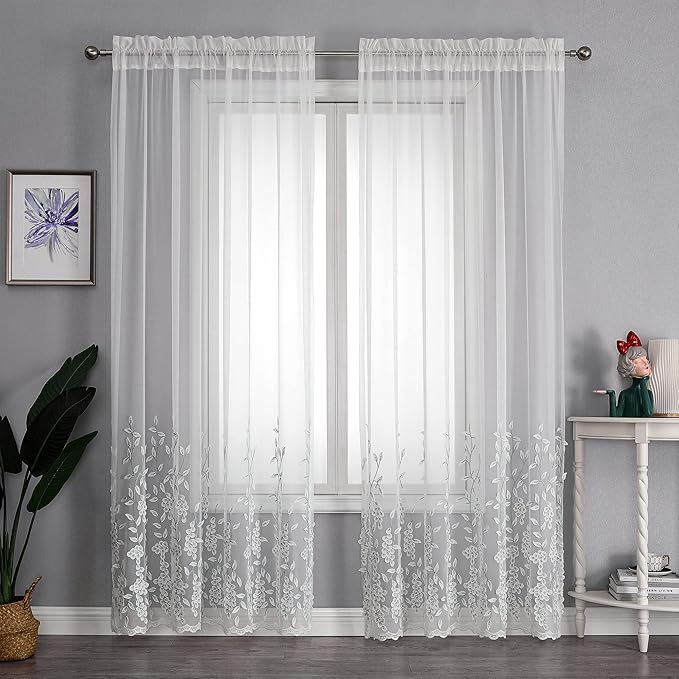 VISIONTEX White Sheer Voile Curtains, Decorative White Embossed Drip Rod Pocket Window Drapes for Home Kitchen, Living Room and Bedroom 54 x 63 Inch, Set of 2 Curtain Panels