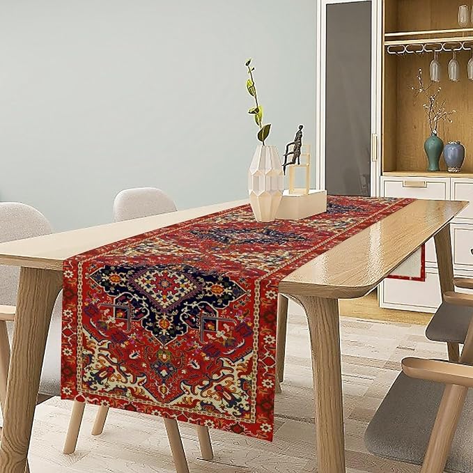 Boho Old French Table Runner, Vintage Red Beige Retro Flower Rustic Country Style Floral Print Pattern for Home Kitchen Table Decor Dining Coffee Room Garden Party Decor 13x72in
