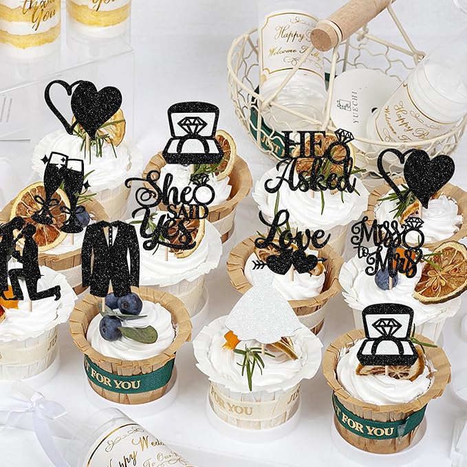 30 Pack Bride to be Cupcake Toppers Glitter Diamond Ring Love I Do Cupcake Picks Miss to Mrs He Asked She Said Yes Bridal Shower Wedding Engagement Bachelorette Cake Decorations Party Black