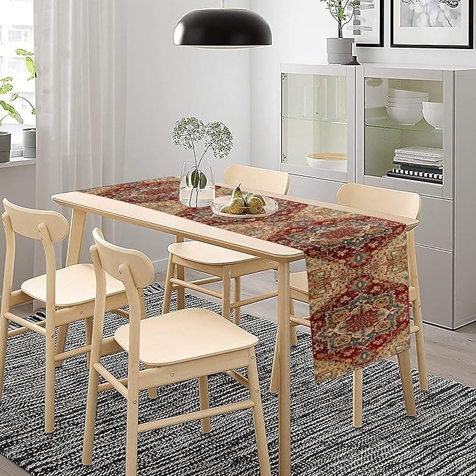 Boho Bohemia Style Table Runner, Vintage Red Brown Retro Flower Rustic Country Style Floral Print Pattern for Home Kitchen Table Decor Dining Coffee Room Garden Party Decor 13x108in