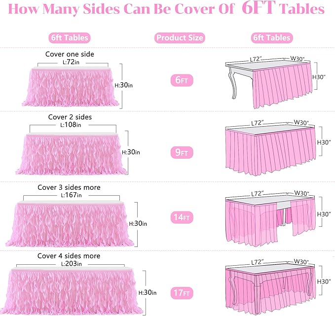 PARTISKY Pink Tulle Curly Willow Table Skirt for Rectangle Table 6ft, Ruffle Tutu Table Cloth for Girls Baby Shower,Birthday Party Candy Cake Tables