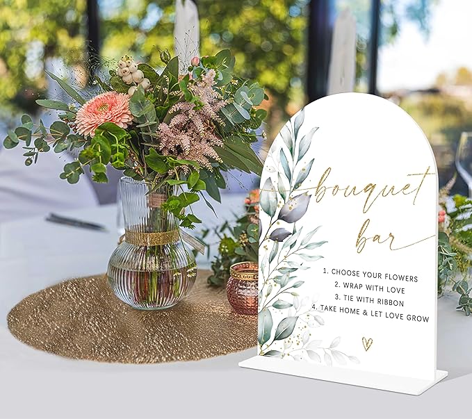 Acrylic Wedding Signs, Greenery Theme Bouquet Bar Sign, Wedding Reception Signage, Bridal Shower Table Decor with Stand, Bouquet Bar Supplies for Engagement, Anniversary, Newlywed Event and Party, 05