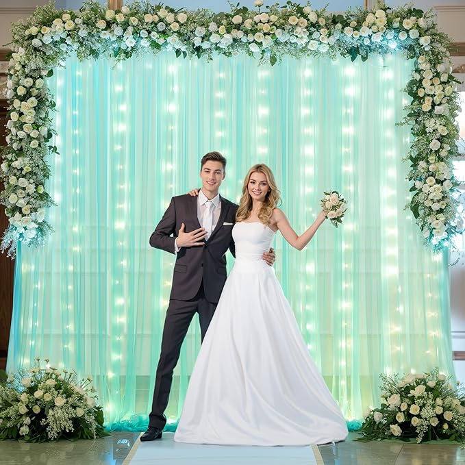 Sage Green Tulle Backdrop Curtains with Lights String for Parites 10x8ft Sheer Backdrop Curtains Drapes for Birthday Party Bridal Shower Baby Shower Christmas Wall Photo Booth Background Decorations