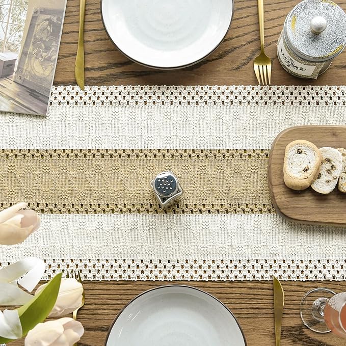 Artoid Mode Burlap Brown Farmhouse Rustic Table Runner, Seasonal Holiday Hollow Kitchen Dining Table Decoration for Home Party Decor 12x120 Inch