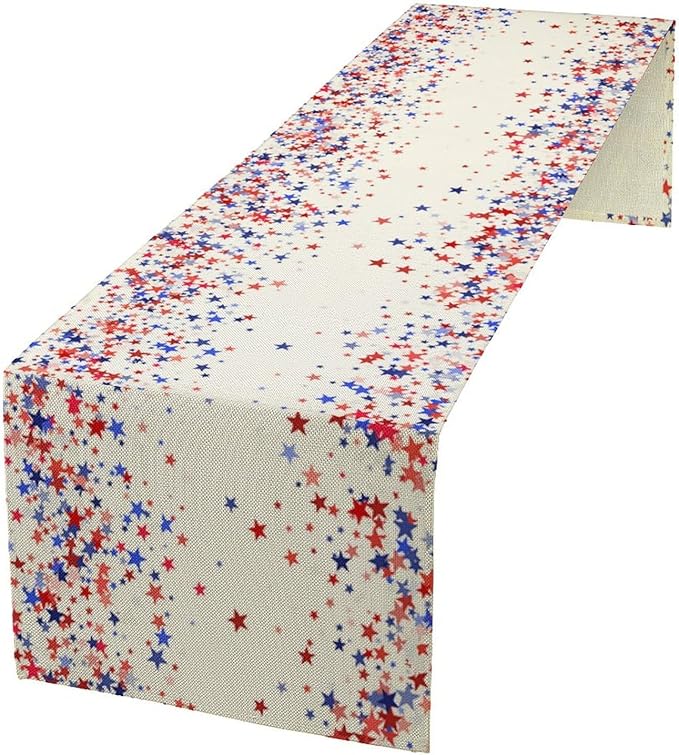 Independence Day Table Runner, 4th of July Red Blue Stars American President Day Holiday Confetti Print Table Cover for Kitchen Dining Table Indoor Outdoor Party, 13x90inch