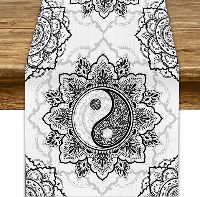 Yin Yang Table Runner, Bohemian Mandala Vintage Black White Traditional Oriental Floral Print Table Runner for Home Kitchen Dining Table Wedding Party Decor, 13x36inch