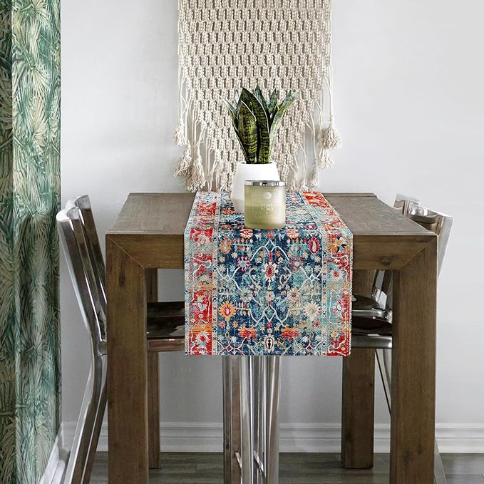 Snycler Table Runner Boho Table Runners Vintage Elegant Farmhouse Table Center Linen Decor for Home Dining Party Entrance (13x48 Inch) Boho-Blue&Red
